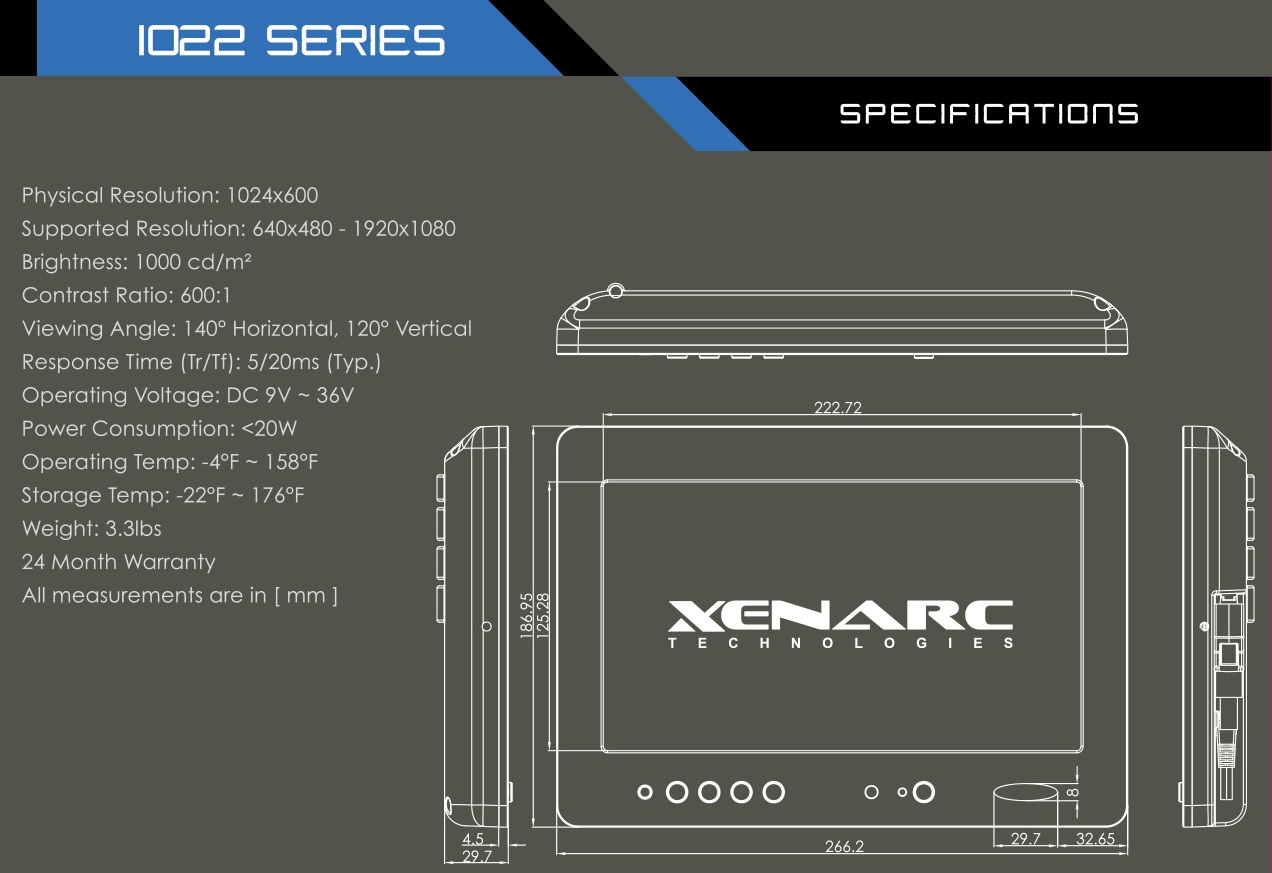https://www.xenarc.com/1029GNH.html - 10.1" IP67 Sunlight Readable Optical Bonded Capacitive Touchscreen LCD Industrial Display Monitor w/ HDMI, DVI, VGA & AV Inputs