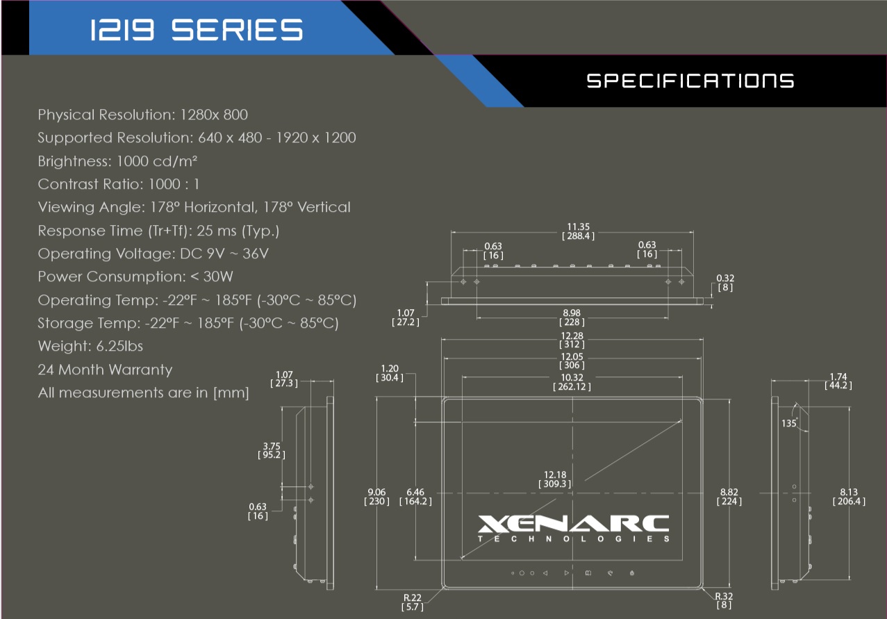 12.1" IP67 Sunlight Readable Optical Bonded Capacitive Touchscreen LED LCD Industrial Display Monitor with SDI, HDMI, DVI, VGA & AV Inputs https://www.xenarc.com/1219GNS-12.1-inch-sunlight-readable-IP67-IK08-optically-bonded-capacitive-touchscreen-with-SDI-HDMI-DVI-VGA-AV-Inputs-hdmi-sdi-video-output.html