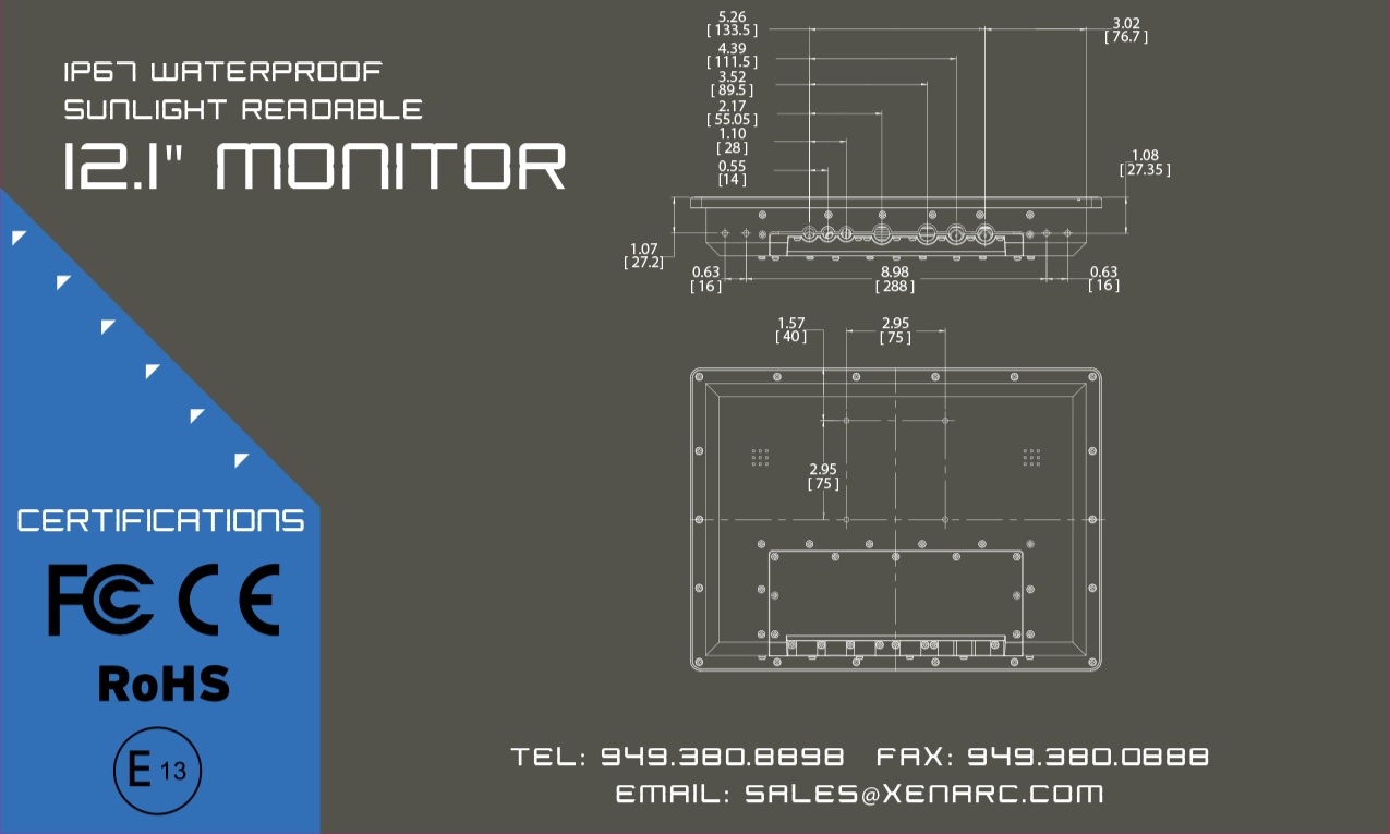 The versatility of the 1219 12.1 inch capacitive touchscreen series extends beyond its usability in many different environments.  The 1219GNS can video interface through our proprietary 26 pin cable (HDMI, VGA, AV Inputs) as well as SDI and HDMI direct into the monitor.  HDMI output and SDI output allow you to chain up a few 1219 series monitors or output to other HDMI or SDI monitors.  With the included waterproof cables, the 1219GNS is IP67 on all sides.  The casing of the 1219GNS is designed to be used as a stand-alone monitor as well as a panel mount monitor.  VESA standard mounting holes on the back further provide users with numerous mounting options.  The IK08 rating makes the 1219GNS vandal resistant and shock resistant.    The 1219GNS was designed for those looking for a true tested and certified rugged, bright, compact display, usable in just about any environment or application.  For the version without SDI input, please check out the 1219GNH.  Why do our products outlast others in extreme conditions? Why do our products have a wider temperature range and a wider voltage input range? It is because our mission is to offer our customers the best products for any situation. By utilizing high grade components, this display is perfect for industrial, in-car computing applications or any other applications where a small, durable, environmentally rugged display is required, including but not limited to:  Transportation - Marine, Air, Heavy Vehicles, Mining, Weigh Stations, Fleet Management, Telematics, In-Car Computing, Public Transit, Cargo System Integration - Machinery Controls, Factory Automation, Environmental Monitoring, Home Automation, Military, Smart Home Point of Sale - Hospitality, Digital Signage, Self-Service Kiosks, Outdoor Kiosks and Signage, Casino Data Monitoring - Cloud, IoT, Medical, Logistics, Inventory Management, Oil & Gas/Utilities, Law Enforcement, Broadcasting, Veterinary, First Person View