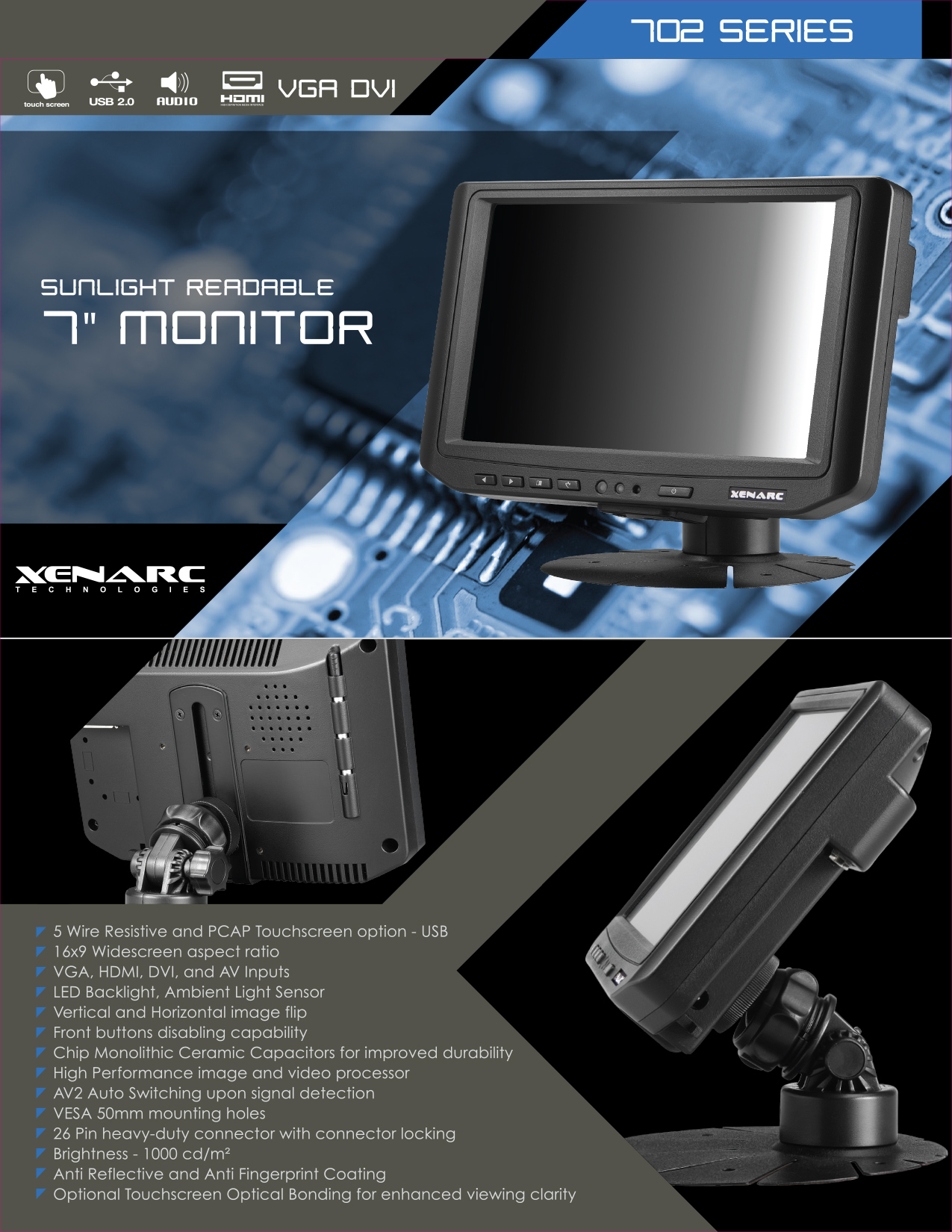 7 Sunlight Readable Optically Bonded Capacitive Touchscreen LCD Display  Monitor with HDMI, DVI, VGA & AV Video Inputs