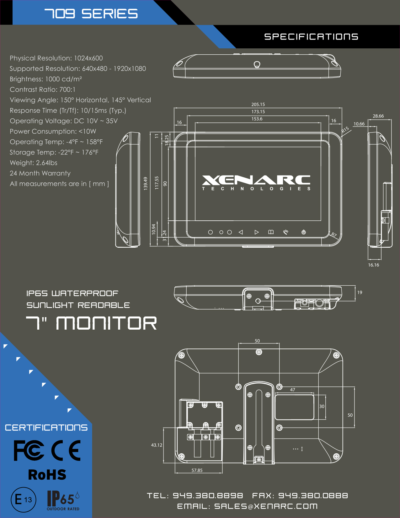 Xenarc rugged small touchscreen monitor solutions 7", 8", 9", 10", 12", 15", 18", 24" are built tough to last.  The Mean Time Between Failure (MTBF) for a Xenarc Technologies rugged small monitor is > 55,000 hours OR 6.2 Years of continuous operation and with the new 3 Year Warranty, a Xenarc rugged small monitor gives you truly peace of mind.  Xenarc Technologies all-weather rugged 7", 8", 9", 10", 12", 15", 18", 24" small monitor and small touchscreen solutions are perfect Human Machine Interface for Smart Homes, Smart Factories, Smart Offices, Smart Vehicles, Smart Stores, Smart Cities.  IIoT, IoT, Industry 4.0 and for low voltage and indoor or outdoor applications.