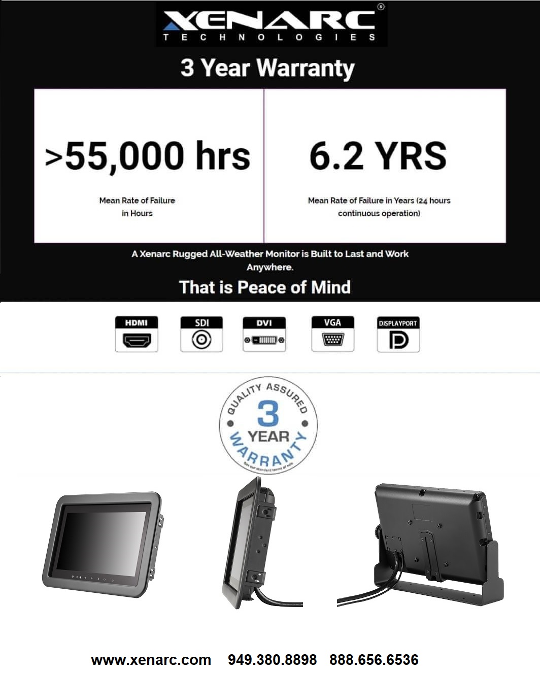 Xenarc Rugged Touchscreen Monitors 7" to 18" are built tough to last.  The Mean Rate Between Failure (MRBF) for a Xenarc Technologies Rugged Monitor is > 55,000 hours OR 6.2 Years of continuous operation and with the new 3 Year Warranty, a Xenarc Rugged Monitor gives you truly peace of mind.  Xenarc Technologies All-Weather Rugged 7" to 18" LCD Monitors are perfect Human Machine Interface for Smart Homes, Smart Factories, Smart Offices, Smart Vehicles, Smart Stores, Smart Cities.  IIoT, IoT, Industry 4.0 and for low voltage and indoor or outdoor applications